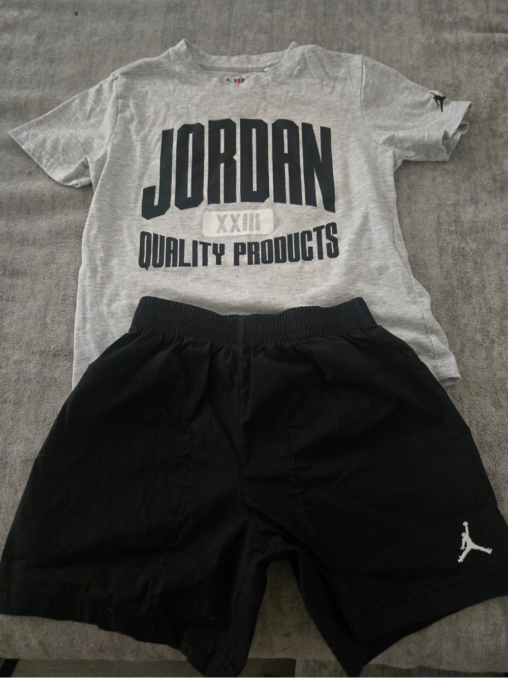 Jordan Gray Graphic Tee with Black Jumpman Shorts